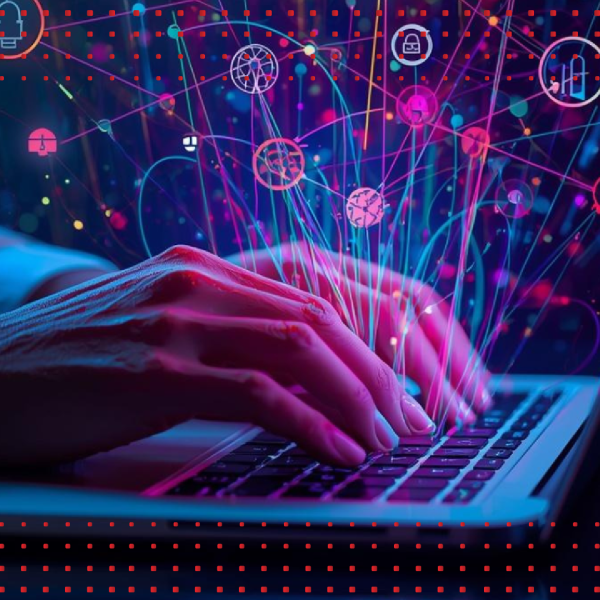 A color graphic with a person's hand typing on a laptop with colorful lines and shapes coming from the keys.